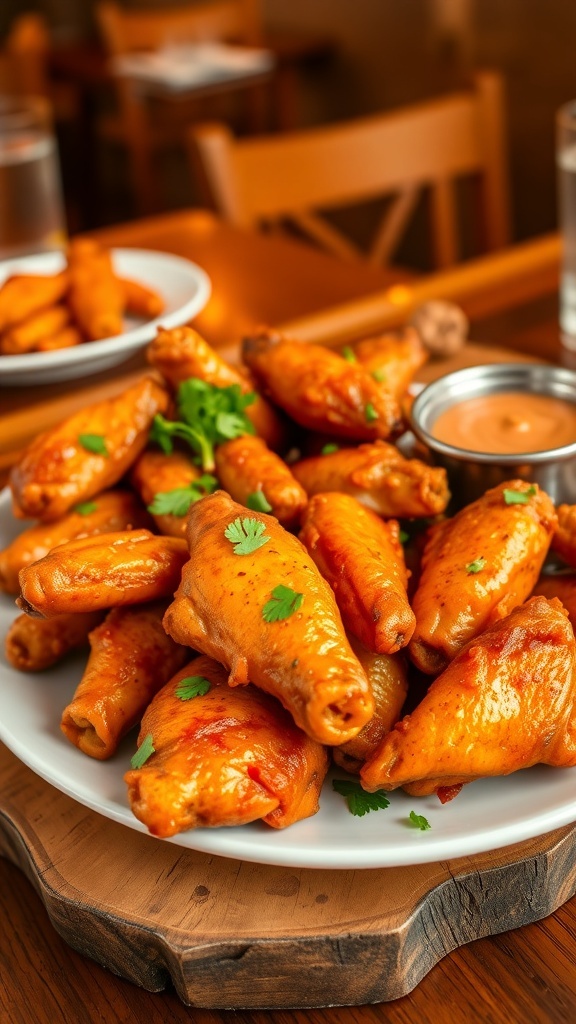 Crispy air fryer chicken wings garnished with parsley on a rustic table with dipping sauce.